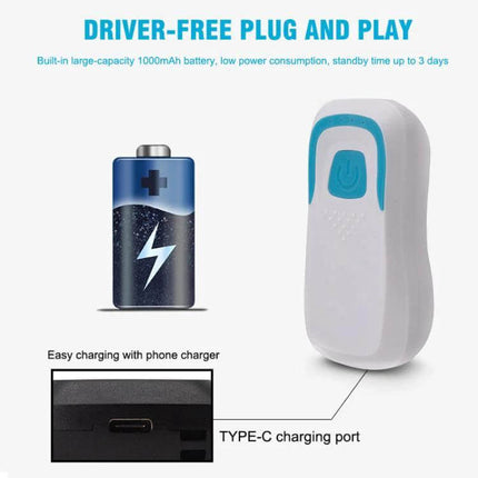 Portable Bluetooth RFID ID Card Reader for Access Control showing compact device, Type-C charging port and battery icon