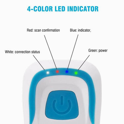 Portable Bluetooth RFID ID Card Reader for Access Control showing 4-color LED indicators (red scan, blue indicator, white connection, green power)