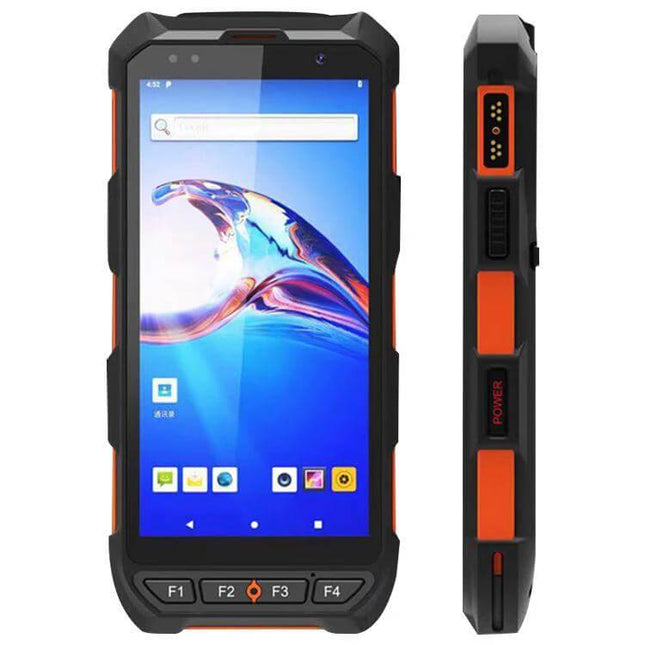 Compact Handheld Barcode Scanner for Industrial Inventory Management rugged orange-black device with touchscreen and side scan buttons