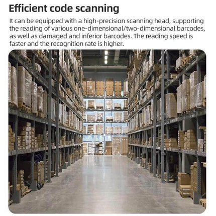 Compact Handheld Barcode Scanner for Industrial Inventory Management in a large warehouse aisle with pallet racks and stacked boxes