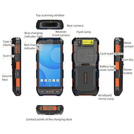 Portable Handheld RFID UHF Barcode Scanner for Industry rugged handheld device diagram showing front, back, sides and labeled ports