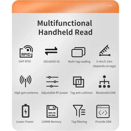 Portable Handheld RFID UHF Bluetooth Reader for Asset Tracking showing icons for UHF RFID, multi-tag reading, Bluetooth/USB, adjustable RF power