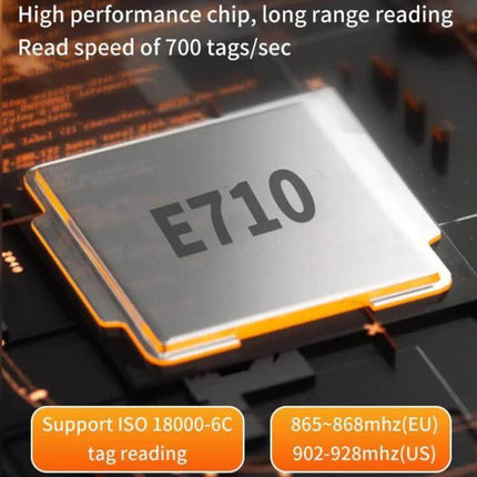 Portable Long Range Handheld RFID Bluetooth Reader showing E710 chip and frequency support labels for warehouse scanning