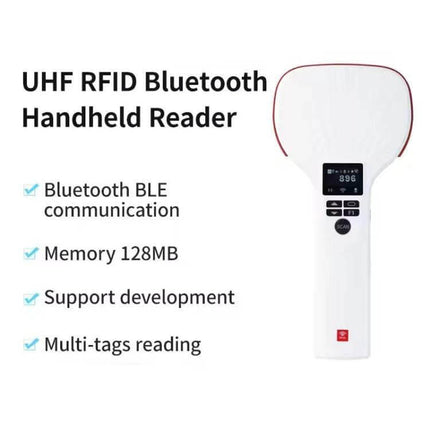 Handheld Bluetooth RFID Reader for Efficient Inventory Scanning white UHF device with display and buttons for multi-tag warehouse scanning