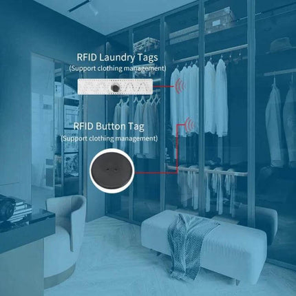 Handheld Bluetooth RFID Reader for Efficient Inventory Scanning in wardrobe setting showcasing RFID laundry and button tags