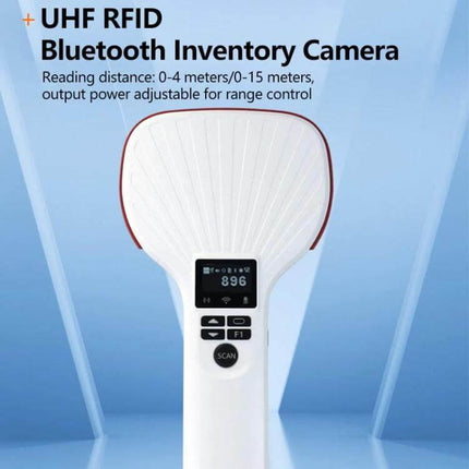 Alt Tag: Handheld Bluetooth RFID Reader for Efficient Inventory Scanning white UHF RFID handheld scanner with display and scan button