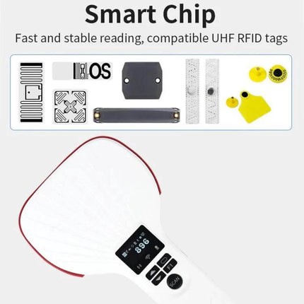 Handheld Bluetooth RFID Reader for Efficient Inventory Scanning showing reader and compatible UHF RFID tags