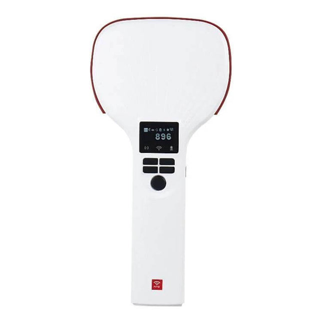 Handheld Bluetooth RFID Reader for Long Range Inventory Scanning - white handheld device with display showing 896 and control buttons