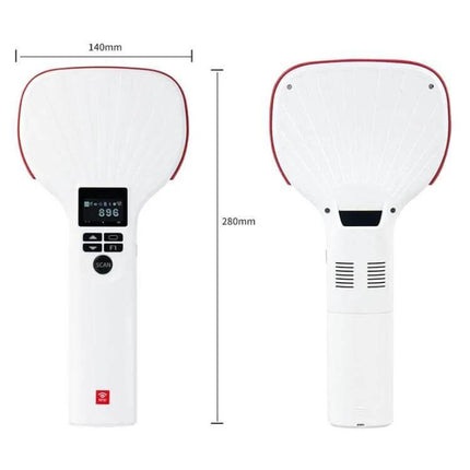 Handheld Bluetooth RFID Reader for Long Range Inventory Scanning showing front and back views with dimensions 140mm x 280mm