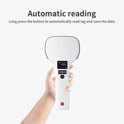 Alt Tag: Handheld Bluetooth RFID Reader for Long Range Inventory Scanning held in warehouse hand showing display and buttons for automatic long-range scanning