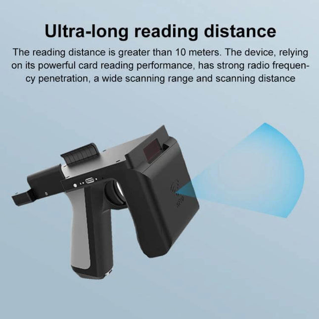 Compact Handheld Bluetooth RFID Reader with Phone Clip for Scanning shown emitting long-range scan beam, clipped to phone for inventory