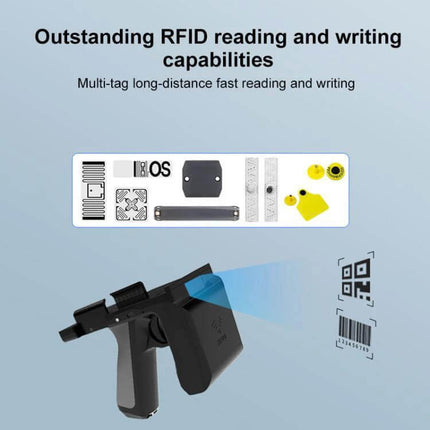 Compact Handheld Bluetooth RFID Reader with Phone Clip for Scanning showing gun-style reader scanning RFID tags and barcodes