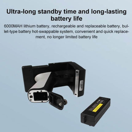 Handheld Bluetooth RFID Reader for Mobile Scanning Integration showing open battery compartment and removable 6000mAH battery for long standby time