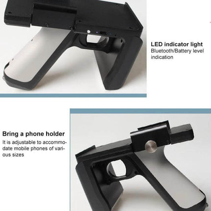 Handheld Bluetooth RFID Reader for Mobile Scanning Integration sleek pistol-grip scanner with phone holder and LED indicator for warehouse inventory