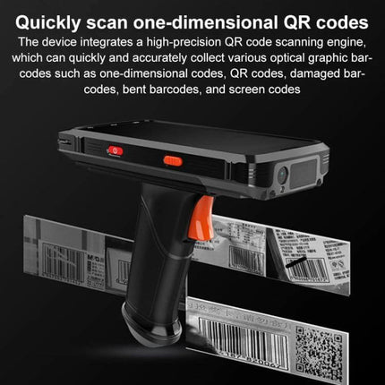 Versatile Handheld RFID and QR Code Scanner for Inventory Tracking showing scanner scanning barcodes and QR codes in warehouse