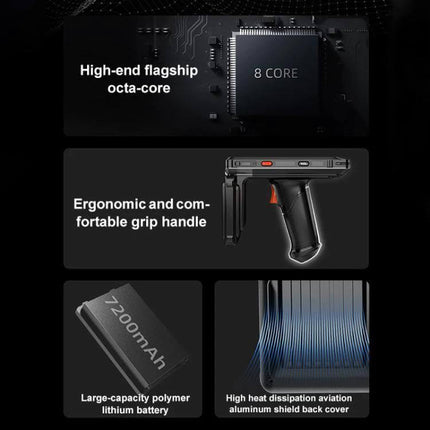 Versatile Handheld RFID and QR Code Scanner for Inventory Tracking ergonomic pistol grip, 8-core processor, 7200mAh battery, heat-dissipating aluminum back cover