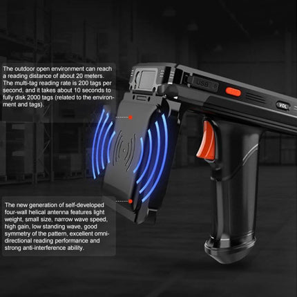 Versatile Handheld RFID and QR Code Scanner for Inventory Tracking shown scanning RFID tags in a warehouse environment