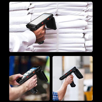 Versatile Handheld RFID and QR Code Scanner for Inventory Tracking used by warehouse worker scanning stacked packages