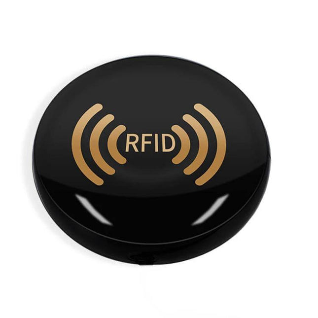 Handheld RFID Tag Reader with Bluetooth Connectivity - compact black circular RFID scanner for inventory and asset tracking