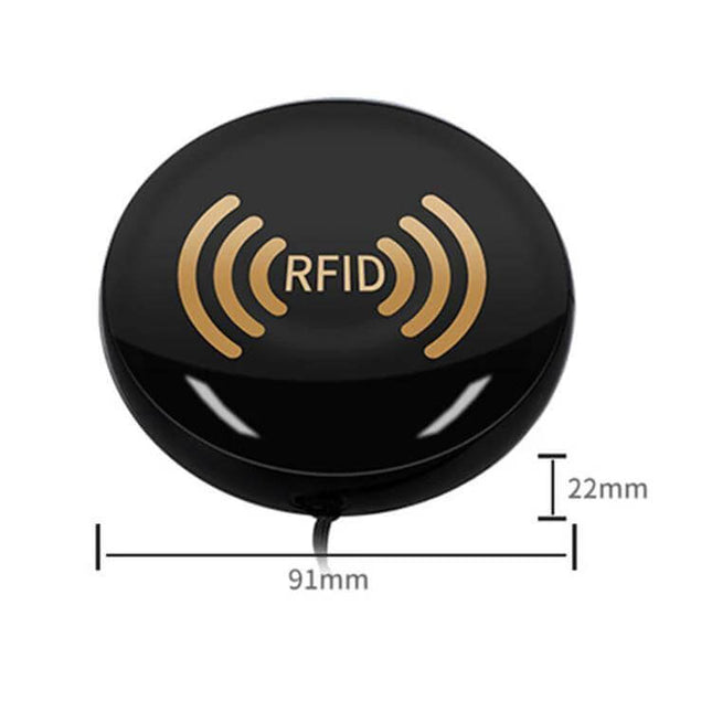 Handheld RFID Tag Reader with Bluetooth Connectivity black round reader 91mm x 22mm for inventory and asset tracking