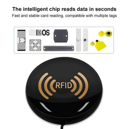 Handheld RFID Tag Reader with Bluetooth Connectivity showing round black RFID antenna and compatible tags for fast chip reading