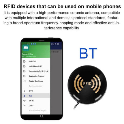 Handheld RFID Tag Reader with Bluetooth Connectivity showing mobile phone app and round BT RFID reader