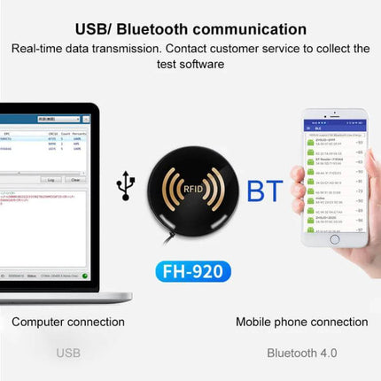 Handheld RFID Tag Reader with Bluetooth Connectivity showing USB laptop and mobile phone connections for asset tracking