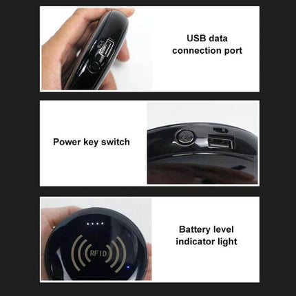 Handheld RFID Tag Reader with Bluetooth Connectivity showing USB port, power switch, and battery level indicator light