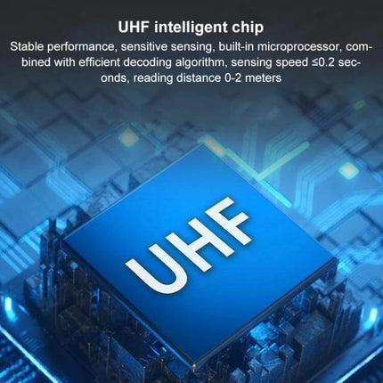 Handheld RFID Tag Reader with Bluetooth Connectivity highlighting UHF intelligent chip for fast, long-range tag scanning and inventory tracking