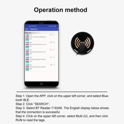 Handheld RFID Tag Reader with Bluetooth Connectivity in use scanning tags with smartphone app for inventory management