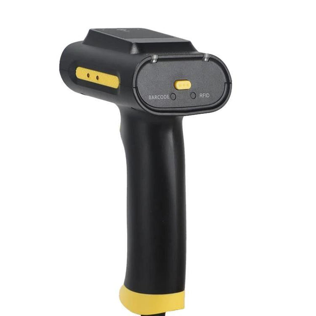 Handheld RFID Card Reader for Cash Register Use with USB Interface showing black handheld scanner with yellow accents for barcode and RFID scanning