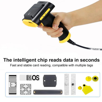 Handheld RFID Card Reader for Cash Register Use with USB Interface held over tags for fast retail scanning