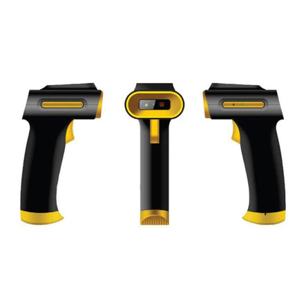 Portable Handheld RFID Card Reader with Bluetooth for Retail Scanning showing front and side views of a black and yellow durable ABS handheld scanner