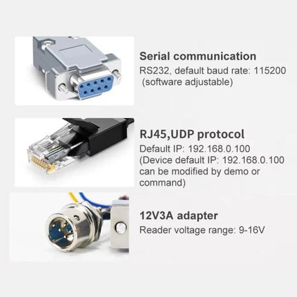 Integrated UHF RFID Reader with WiFi for Asset Tracking showing RS232 serial connector, RJ45 Ethernet port, and 12V3A power adapter