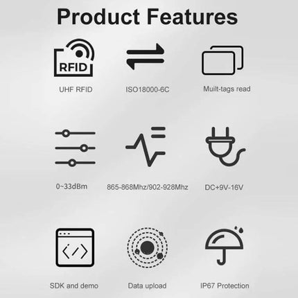 Integrated UHF RFID Reader with WiFi for Asset Tracking showing product features icons like UHF RFID, multi-tag read, 18m range, IP67 protection