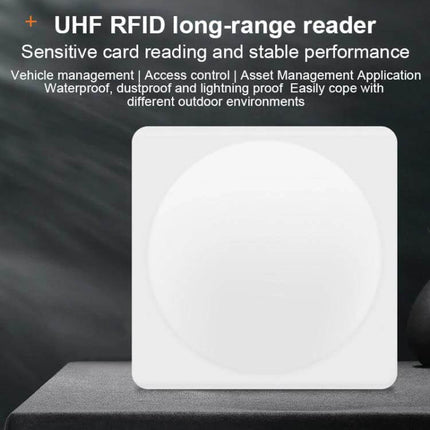 UHF RFID Long Range Integrated Reader for Tag Tracking Applications white square antenna image with industrial warehouse use