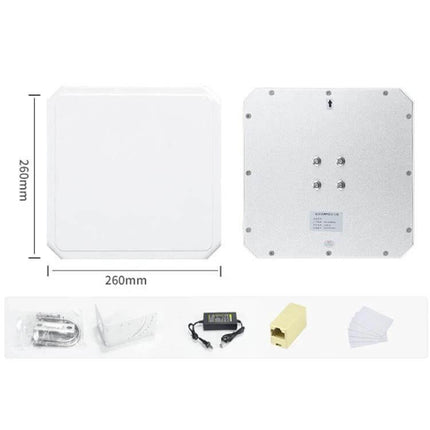 Long Range UHF RFID Integrated Reader for Access Control Systems white square reader with mounting kit and accessories
