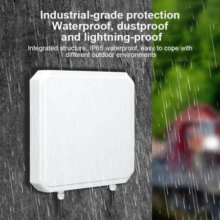 Long Range UHF RFID Integrated Reader for Access Control Systems white waterproof outdoor reader mounted on wall in rain