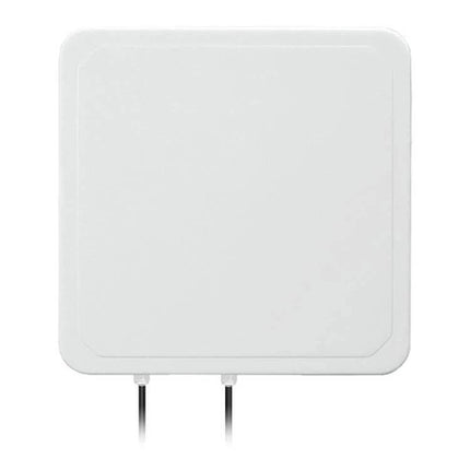 UHF RFID Reader for Long Range Access Control with WiFi Capability wall-mounted square reader, white enclosure, dual cables, long-range warehouse inventory