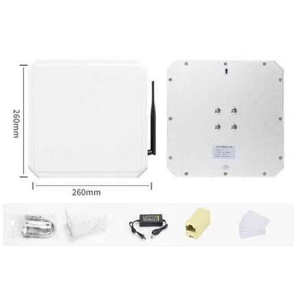 UHF RFID Reader for Long Range Access Control with WiFi Capability wall-mounted reader showing front, back, antenna and accessories