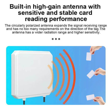 UHF RFID Reader for Long Range Access Control with WiFi Capability showing built-in high-gain antenna reading cards up to 10 meters