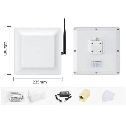 Integrated UHF RFID Reader for Identification up to 5 Meters with WiFi shown with antenna, mounting bracket and accessories