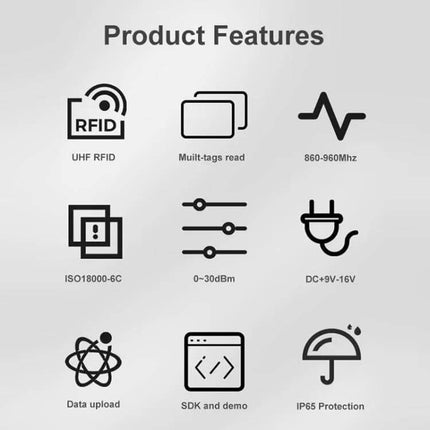 Integrated UHF RFID Reader for Identification up to 5 Meters with WiFi showing product features icons for UHF RFID, multi-tag read, frequency, power, SDK and IP65 protection