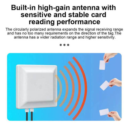 Integrated UHF RFID Reader for Identification up to 5 Meters with WiFi showing built-in high-gain antenna reading multiple RFID cards
