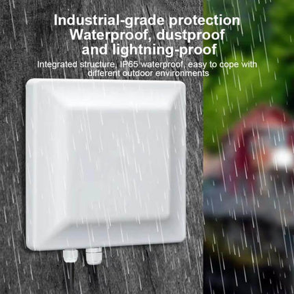 Integrated UHF RFID Reader for Identification up to 5 Meters with WiFi mounted outdoors, IP65 waterproof white enclosure in rain