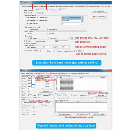 RFID Desktop Reader and Writer for Electronic Tag Management showing software interface for reading and writing tags