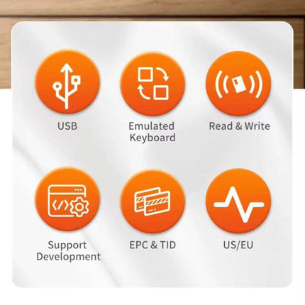 RFID Desktop Reader and Writer for Electronic Tag Management with USB, Read & Write, Emulated Keyboard, EPC & TID icons
