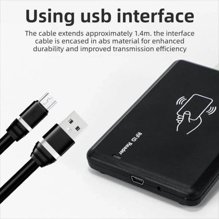 RFID Desktop Reader and Writer for Electronic Tag Management showing compact black reader with USB cable and NFC icon