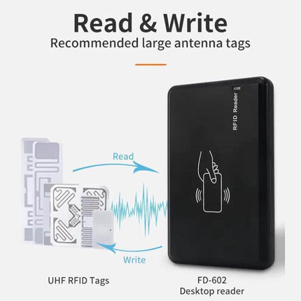 RFID Desktop Reader and Writer for Electronic Tag Management showing FD-602 desktop reader with UHF tags