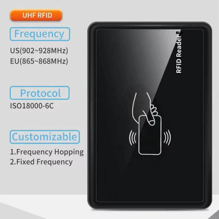 RFID Desktop Reader and Writer for Electronic Tag Management compact black UHF desktop RFID reader with frequency and protocol info